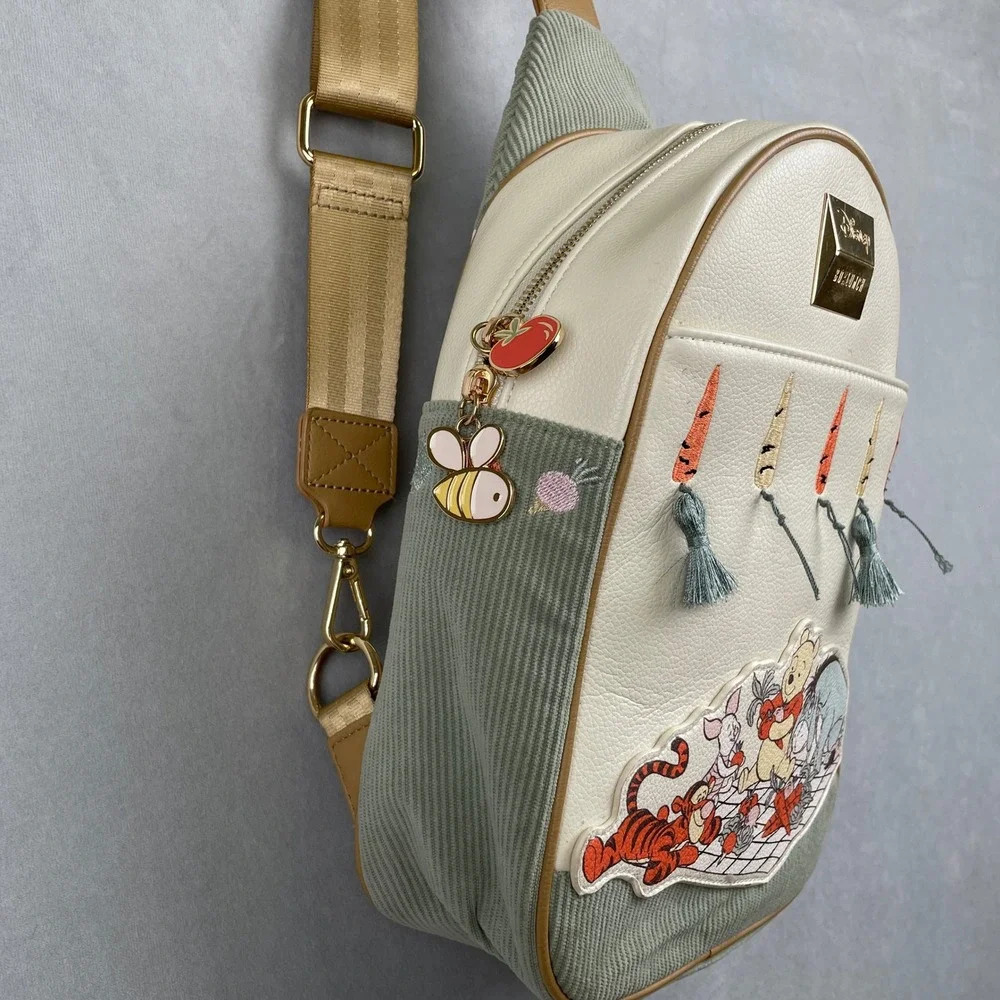 Disney BoxLunch Winnie the‎ Pooh Picnic Sling Bag Green Corduroy Cream Backpack